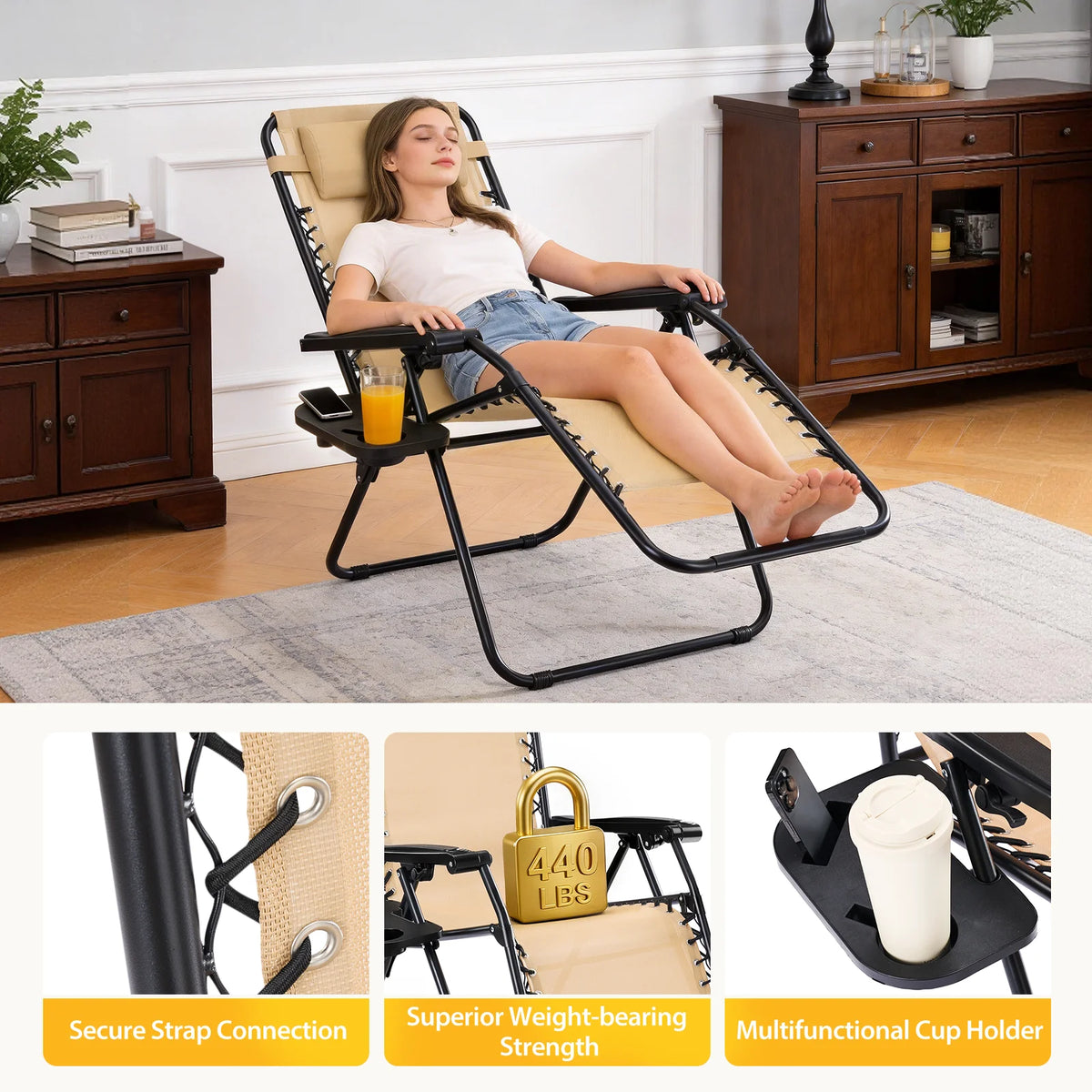 JHK Zero Gravity Outdoor Recliner Chair With Cup Holder Tray
