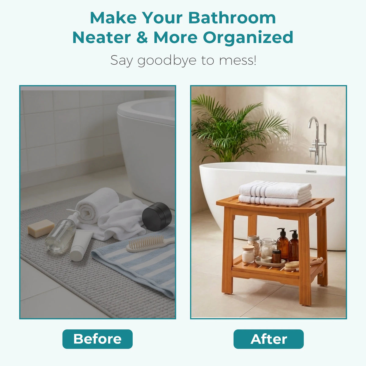 MCQ 18 Inch Wooden Bathroom Chair with Storage Shelf Waterproof Shower Bench Handles 300 LBS Capacity Showering Seat for Home