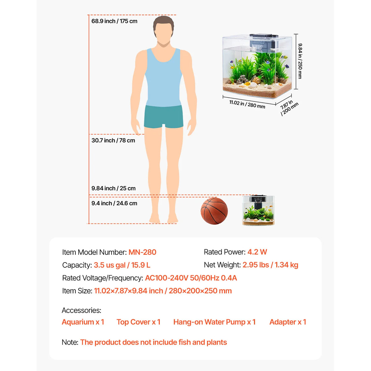 VEVOR Fish Tank Aquarium 3.5Gal Arch Ultra-Clear GPPS Starter Smart Tank Adjustable 3 Color Lighting for Freshwater Fish Home