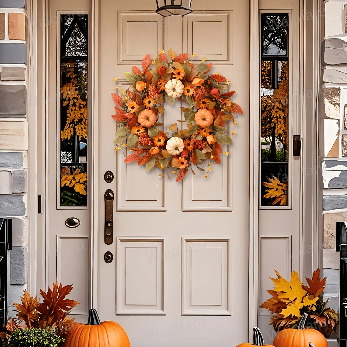 Autumn Wreath with Pumpkins, Leaves & Flowers, Perfect for Your Front Door, 22" Inch