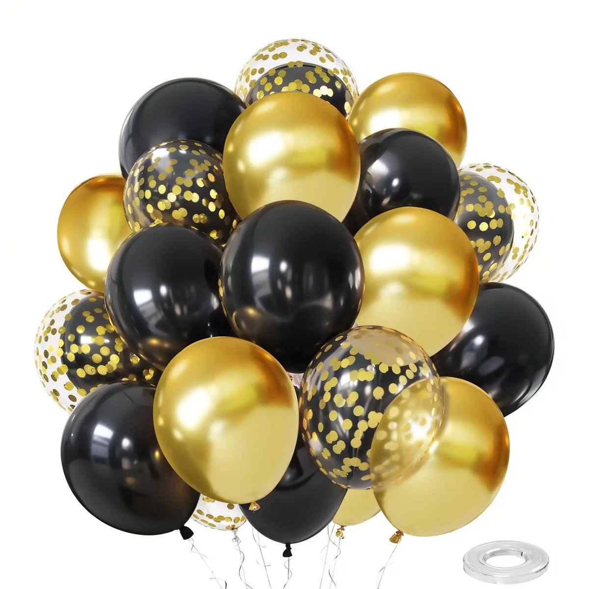 Zesliwy Black Gold Confetti Balloons 50 pack - 12 Inch Gold White and Black Confetti Balloons with Ribbons for Graduation Birthday Wedding Party Decorations