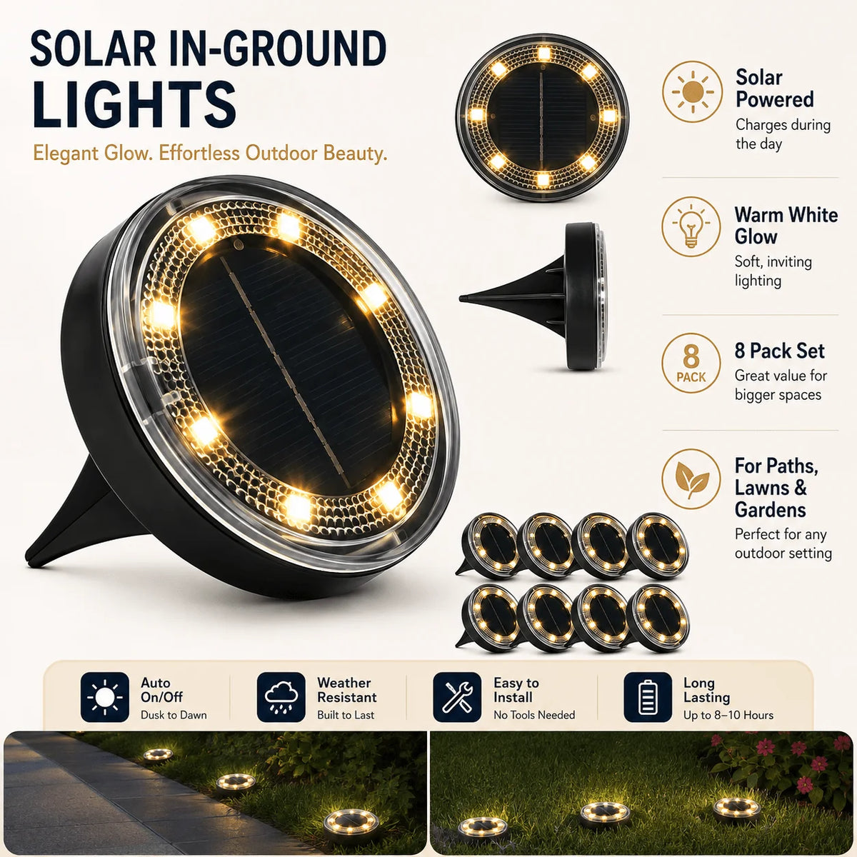 Outdoor Solar Ground Lights 8 Pack, White LED Disk Lights for Garden Path Lawn Yard Patio Driveway, Christmas Gift