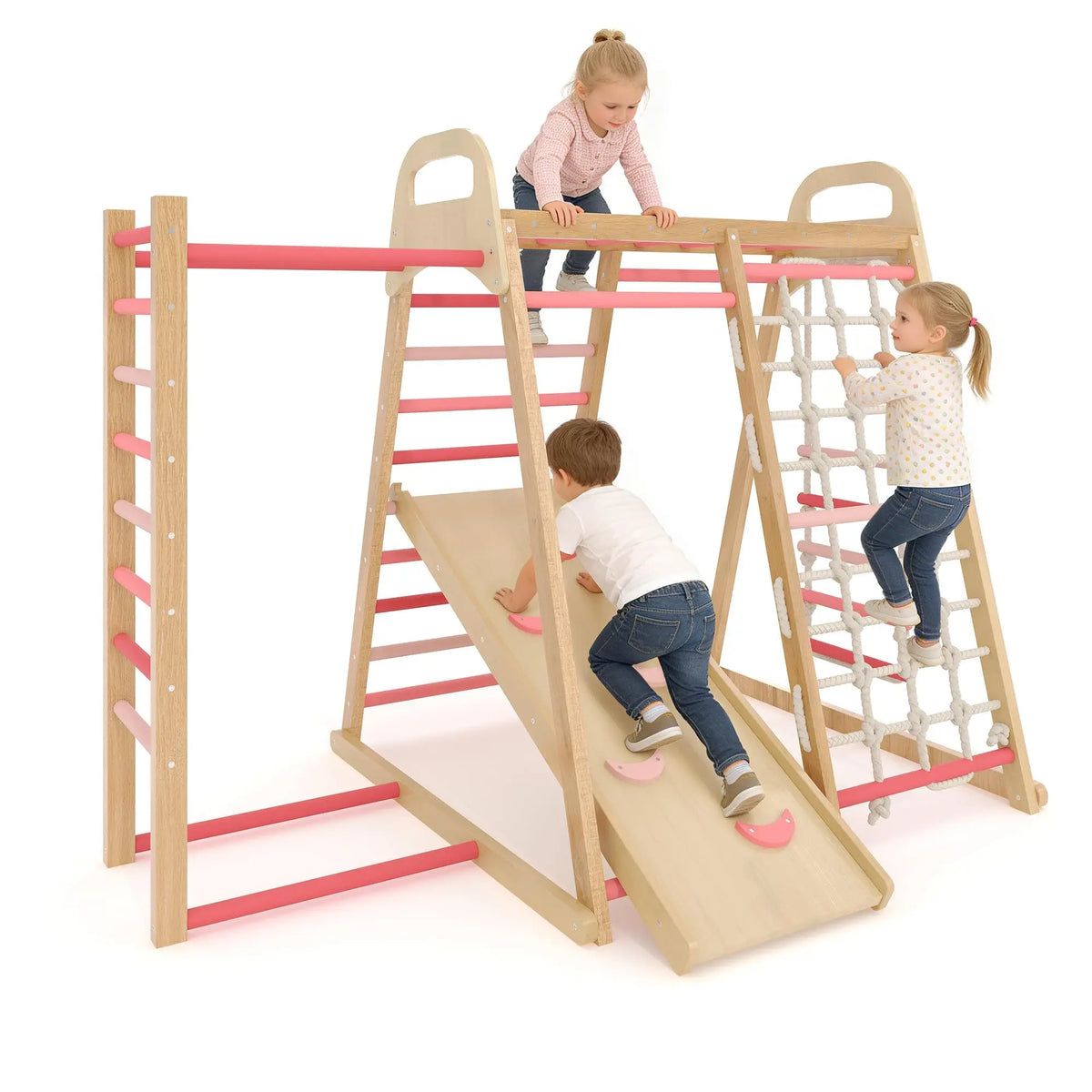 7 In 1 Extra Large Wooden Climbing Triangle Set For Kids 3-14, Foldable Indoor Jungle Gym With Slide Ramp, Arch And Animal Print