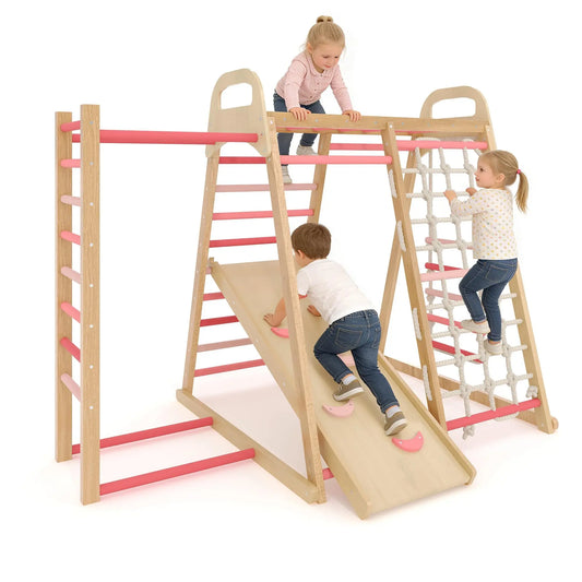 7 In 1 Extra Large Wooden Climbing Triangle Set For Kids 3-14, Foldable Indoor Jungle Gym With Slide Ramp, Arch And Animal Print