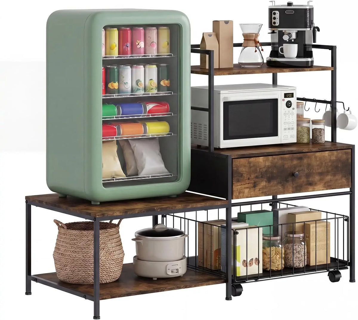 arvee 35.8in Mini Fridge Stand with Storage & Metal Drawers, Burn Color 260 lb L-Shaped Utility Bakers Rack with Mini Fridge Space, 5-Tier Sturdy Microwave Stand and Coffee Station for Dorm, Office