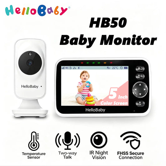 HelloBaby HB050 Baby Monitor, 5.0'' Diagonal Color Screen, Two-way Talk, Crying Detection, Infrared Night Vision, Temperature Detection, 2x Digital Zoom, Lullaby Playing