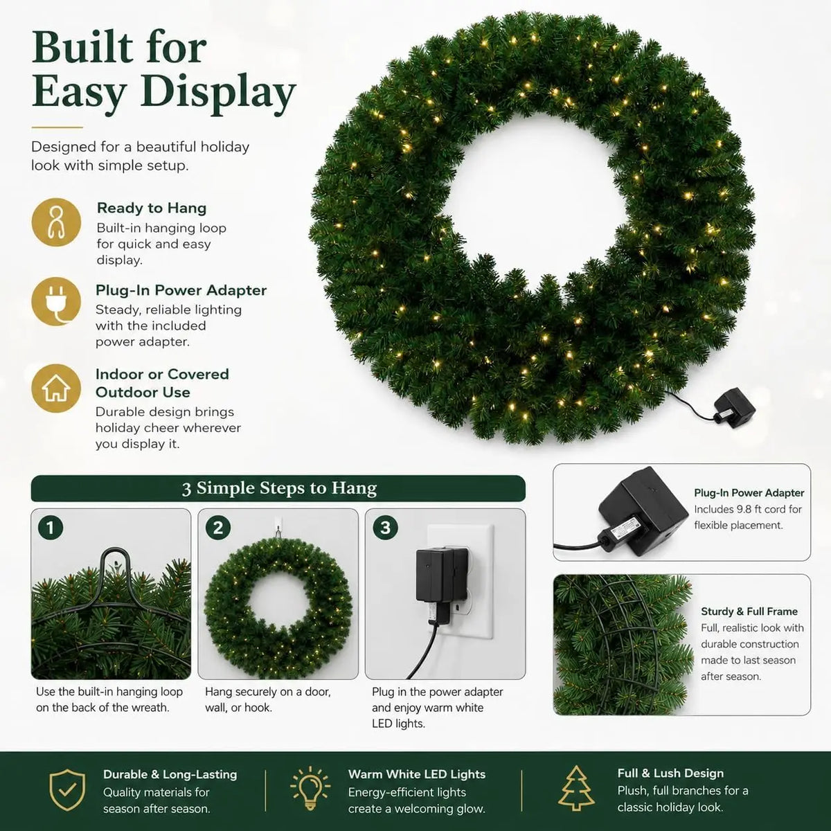 36 Inch Pre-Lit Artificial Christmas Wreath – Realistic Pine Door Decor with Pinecones & Berries, Warm White LED Lights for Holiday Entryway, Wall & Mantel