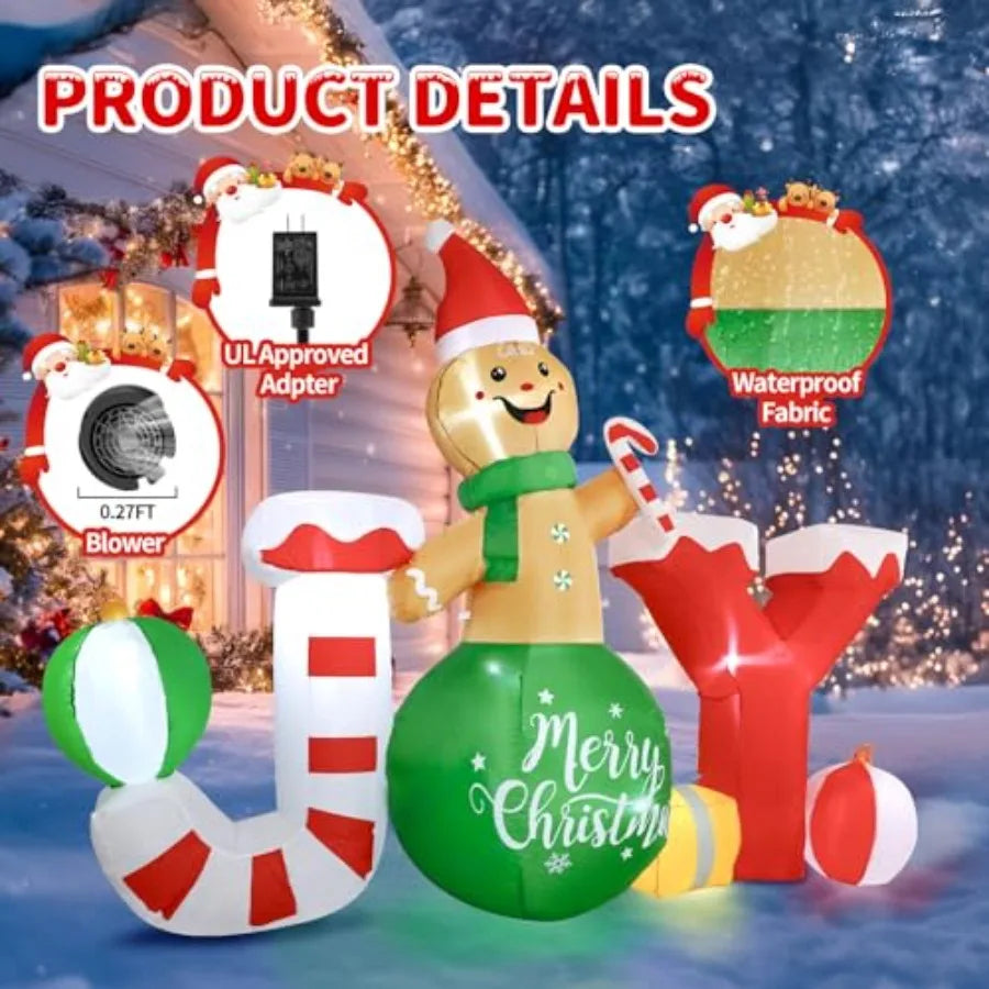 JOY & Gingerbread  Outdoor Christmas Inflatable,  6x8 FT, 7 built-in LED lights