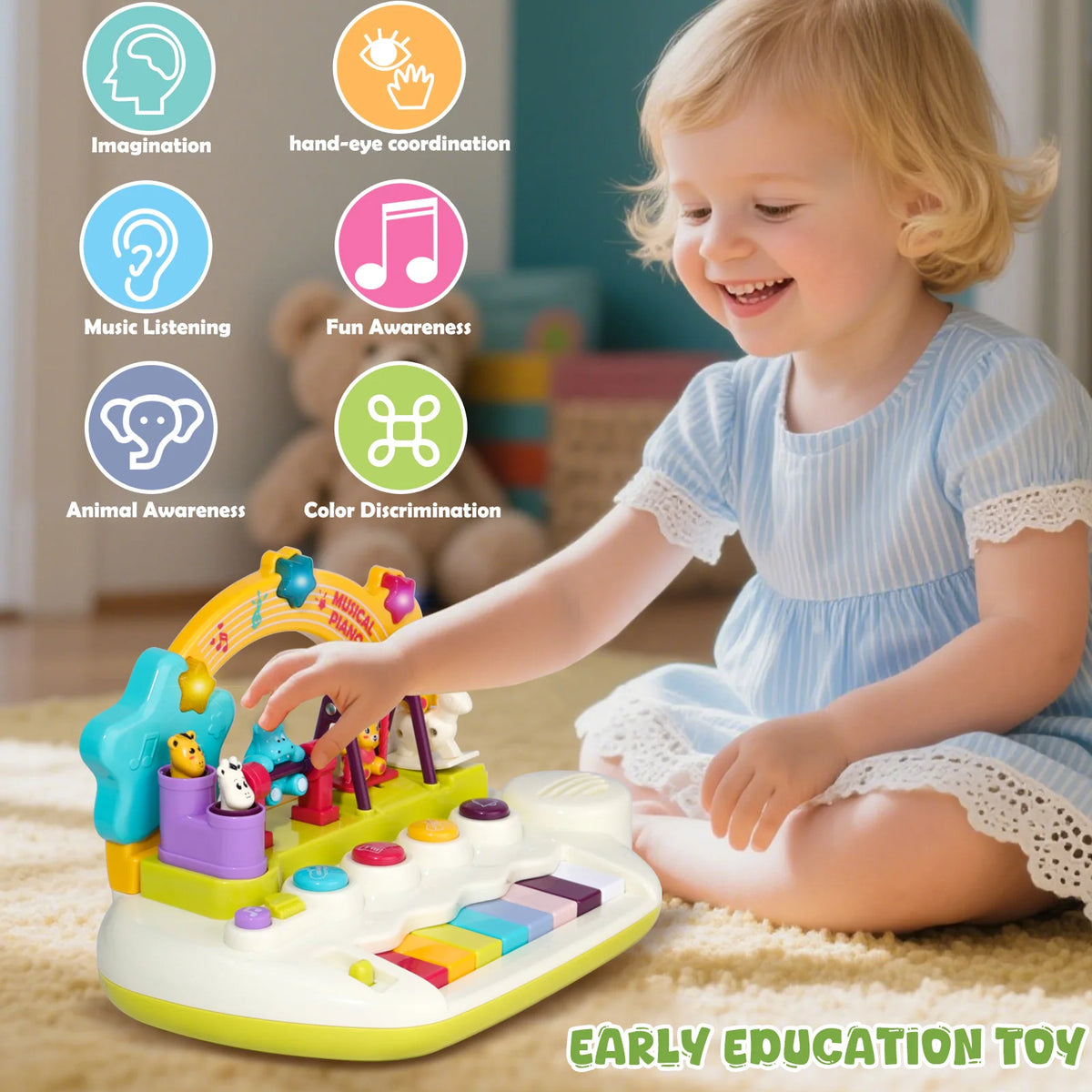 Animal Light Up Piano Toy for Toddlers, Musical Keyboard Learning Instrument, Educational Interactive Baby Toy for Infants 3+ Months, 1+ Year Old Birthday Gift