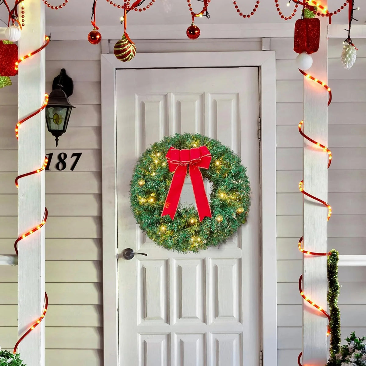 Joyfy Pre Lit Christmas Wreaths With LED Lights And Ribbon